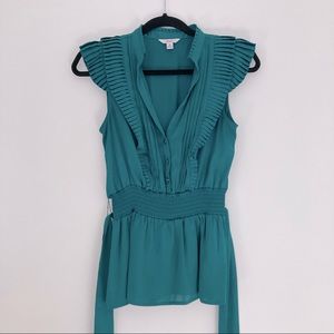 Emerald green, short-sleeve, pleated dress top.